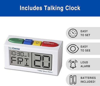 MedCenter 31-Day HSA/FSA Monthly Pill Organizer System with Talking Reminder Clock, Travel Pouch & Tweezers – 4 Daily Dose Compartments – Ideal Medication Organizer for Seniors & Low Vision Users