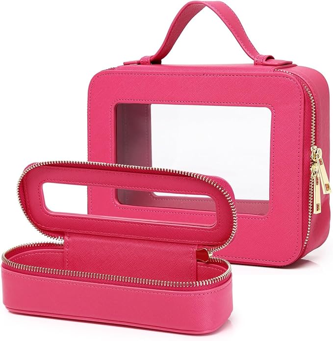 Pinkmik Travel Clear Makeup Bag with Brush Bag Portable Cosmetic Bag Case Transparent Toiletry Bag Cosmetic Organizer Storage Bag for Wome (X/Fuxia, L+SLIM)