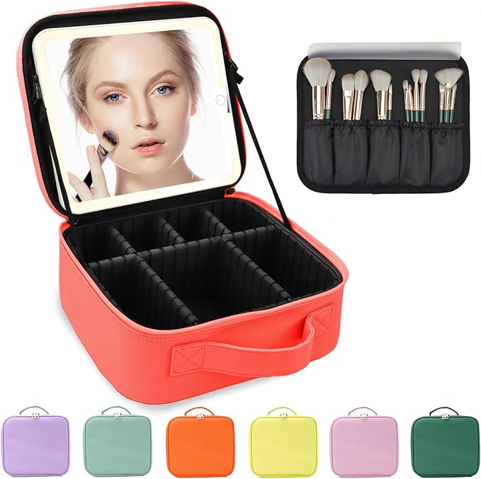 Travel Makeup Bag for Women and Makeup Artists Cosmetic Organizer Large Makeup Case,Travel Makeup Bag with Mirror 3 Color Setting,Portable Storage and Adjustable Dividers(red)