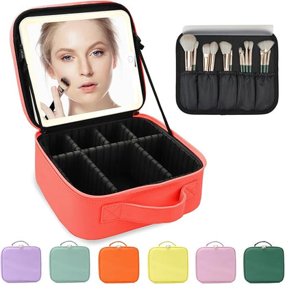 Travel Makeup Bag for Women and Makeup Artists Cosmetic Organizer Large Makeup Case,Travel Makeup Bag with Mirror 3 Color Setting,Portable Storage and Adjustable Dividers(red)