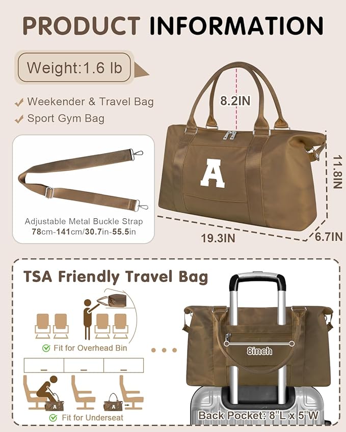Birthday Graduation Gifts for Daughter,Initial Travel Duffel Bag Sports Gym Bag for Girls Teen Kids Birthday Gifts,Personalized Weekender Bag Carry On Tote Bags Cute Overnight Bag for Women(Brown, A)