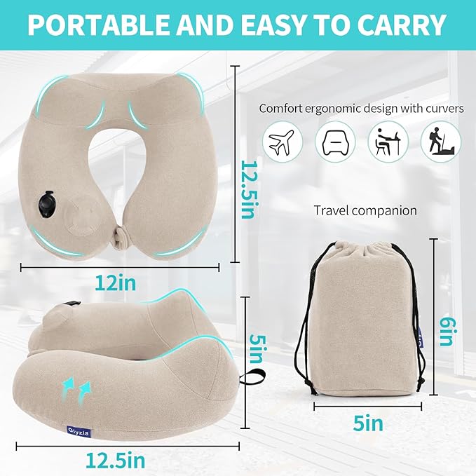2 Pack Inflatable Travel Neck Pillows for Airplanes, Head Support Velvet Adult Neck Pillows for Long Flight, Kit with Eye Mask, Earplugs and Storage Bag, 2, Beige