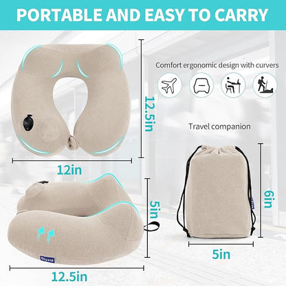 2 Pack Inflatable Travel Neck Pillows for Airplanes, Head Support Velvet Adult Neck Pillows for Long Flight, Kit with Eye Mask, Earplugs and Storage Bag, 2, Beige