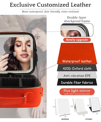MOMIRA Travel Makeup Bag Cosmetic Bag with Lighted Mirror, Adjustable Brightness in 3 Color Scenarios/Detachable makeup mirror, All-round Upgrade, Waterproof, Gift for Women -Orange