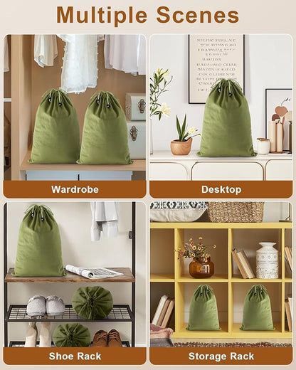 FantasyLife Shoe Bags for Travel, Washable Dust Bags for Storage & Packing, Flannel Shoe Pouch with Drawstring Closure for Purses, Handbags, Shoes & Toys (4, Sage Green)