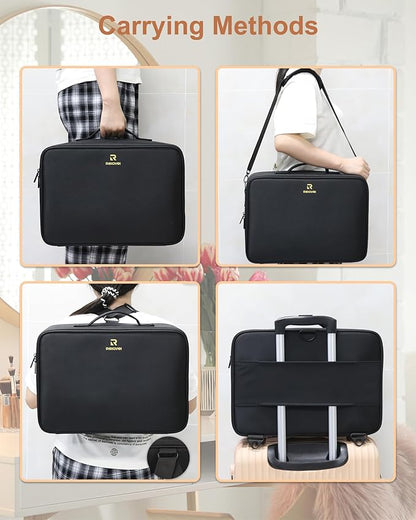 Relavel Large Makeup Bag with 3 Removable Pouches, Travel Train Case Cosmetic Organizer Carrying Box for Makeup Artists Hairstylist with Adjustable Dividers, Brush Holder and Shoulder Strap, Black