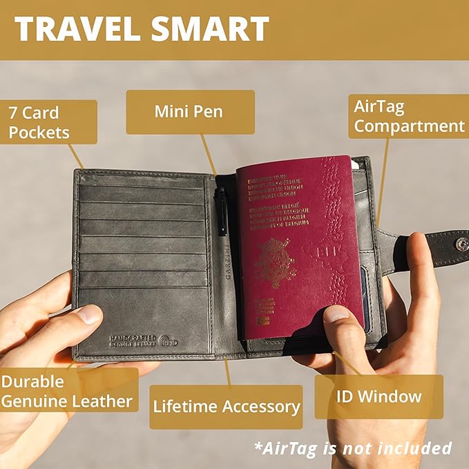 GARZINI Passport Holder with AirTag, Passport Wallet with RFID, Travel Accessories, Travel Document Holder with ID Window, Leather Passport Holder for 7 Cards, Carbon Black