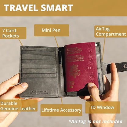 GARZINI Passport Holder with AirTag, Passport Wallet with RFID, Travel Accessories, Travel Document Holder with ID Window, Leather Passport Holder for 7 Cards, Brushed Brown