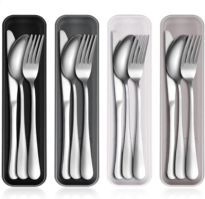 Yinkin 4 Pack Portable Travel Utensils Set with Case Reusable Stainless Steel Silverware Flatware Camping Cutlery Include Fork Spoon Knife for Work School Dishwasher Safe(Classic Color)