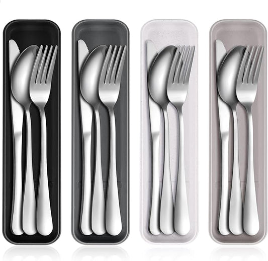 Yinkin 4 Pack Portable Travel Utensils Set with Case Reusable Stainless Steel Silverware Flatware Camping Cutlery Include Fork Spoon Knife for Work School Dishwasher Safe(Classic Color)
