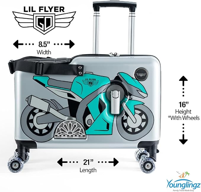 Younglingz LIL FLYER GO Version 2 Ride On Suitcase for Kids | Carry On Luggage with Toddler Seat, Foldable Handlebars, Pedals, and Removable Wheels | Holds up to 80 lbs | Green Motorcycle | Ages 2-6