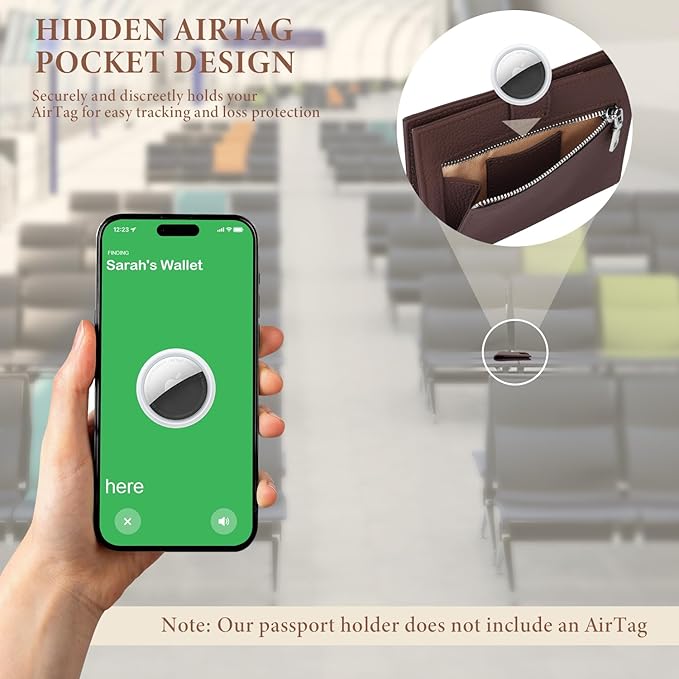 Genuine Leather Passport Holder for Women Men, Hidden Airtag Pocket, RFID Blocking, Zippered Coins Pocket & Cash Compartment Travel Gifts Essentials Passport Cover Case - Coffee