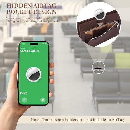 Genuine Leather Passport Holder for Women Men, Hidden Airtag Pocket, RFID Blocking, Zippered Coins Pocket & Cash Compartment Travel Gifts Essentials Passport Cover Case - Coffee