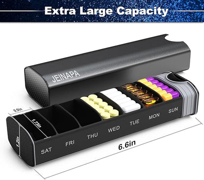 Extra Large Pill Organizer 7 Day, Aluminum Daily Pill Box, Weekly Travel Pill Case, Cute Pill Holder to Hold Vitamins, Medicines, Pills, Supplements