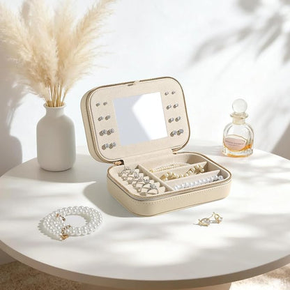 Genuine Leather Travel Jewelry Organizer Case with Mirror for Women, Small Mini Portable Jewelry Box for Ring Earrings Necklace Bracelet Luxury Gift for Women（Beige）