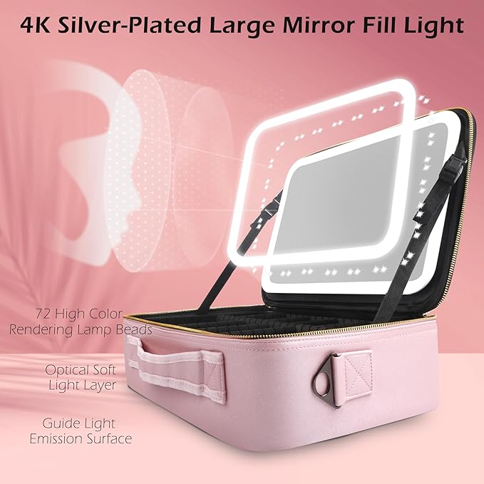 MOMIRA Large Makeup Train Case with Lighted and Mirror 14inch Partitionable Cosmetic Bag Travel Makeup Case Professional Cosmetic Artist Organizer, Waterproof Portable, with Shoulder Stra Pink