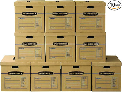 Bankers Box Large Classic Moving Box 10 Pack, Reinforced Handles, Tape-Free Assembly, Box with Lid, 21-in x 17-in x 17-in (7718202)