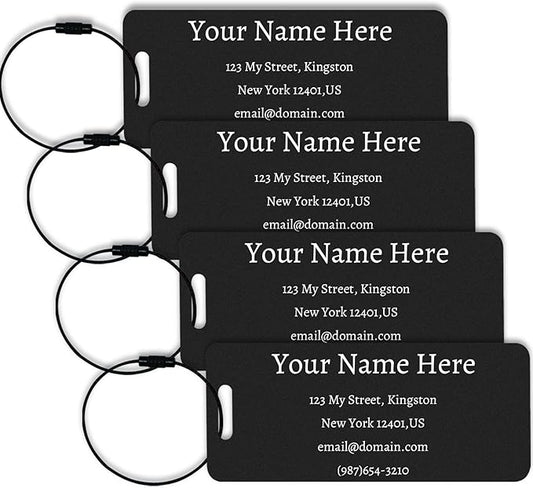 Luggage Tags for suitcases Tags Pack of 4 Personalized Luggage Tags Double Sided Laser Engraving Metal Luggage Tag and Stainless Loops Customizable Luggage Tag Cruise Luggage tag (Black, Small)