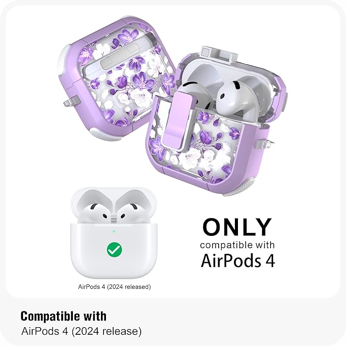 WENEW Case for AirPods 4th Case Cover Secure Lock Automatic Snap Switch Clip Cleaner Kit Lanyard Women Stylish Flower Armour Hard Shell Full Body Front LED Visible (Purple Flower, AirPods 4th)
