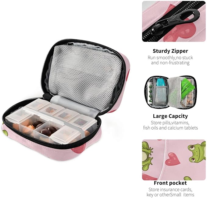 Pink Frog and Love Cute Pill Organizer Weekly Travel Pill Box 7 Day Large Capacity Pill Dispenser Case with 8 Pill Container Daily Pill Box Organizer Vitamin Holder Pill Bottle Organizer Small