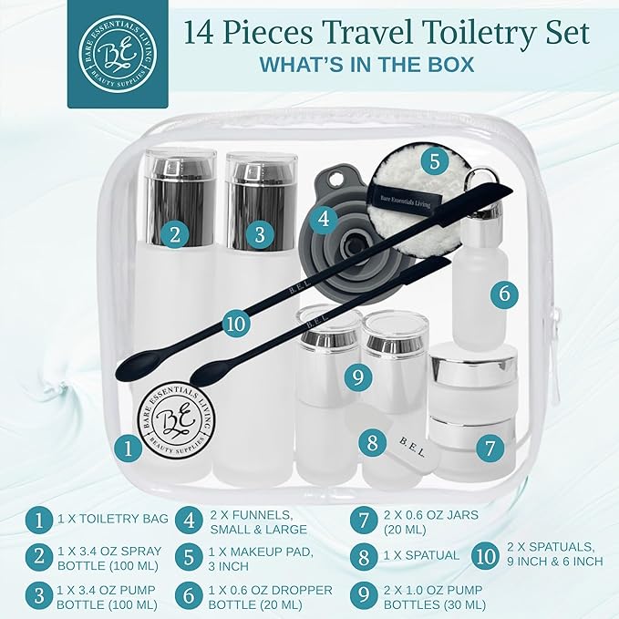 14 Pcs Travel Skincare Containers Set-TSA Approved Toiletry Bag & Glass Travel Bottles for Toiletries Pump, Spray & Dropper Bottles Travel Size Containers for Foundation, Serum Moisturizer Oil & Cream