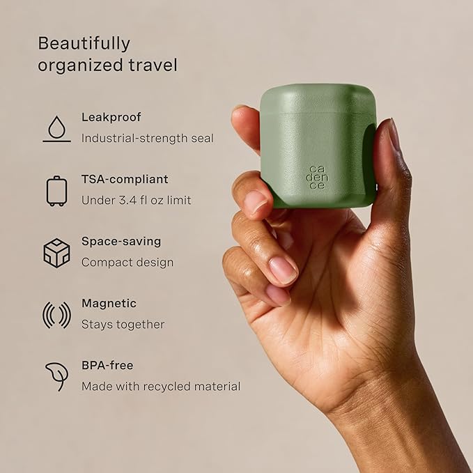 Cadence Travel Containers - Body Care Capsule Set - Magnetic Containers with Lids,Carry On Travel Essentials for Women/Men - 3 Flex Mediums (1.32oz) - Body Wash, Lotion & Sun Icon Labels - Eucalyptus