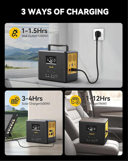 BALDR Portable Power Station 1042Wh Camping Lithium Battery Solar Generator Fast Charging with AC Outlet 1200W Peak Power Bank for Home Backup Outdoor Emergency