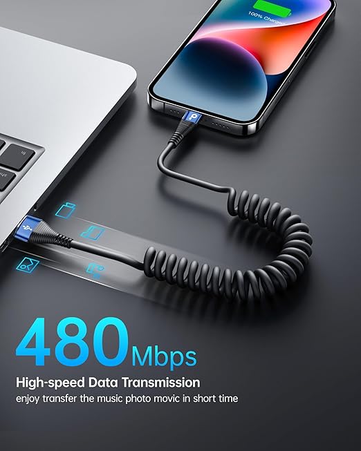 iPhone Charger Cable for Car 3FT, 2Pack Coiled Lightning Cable, [Apple MFi Certified] Retractable Charging Cord Compatible with iPhone 14/13/12/11 Pro Max/XS MAX/XR/XS/8/iPad/iPod/CarPlay-Blue