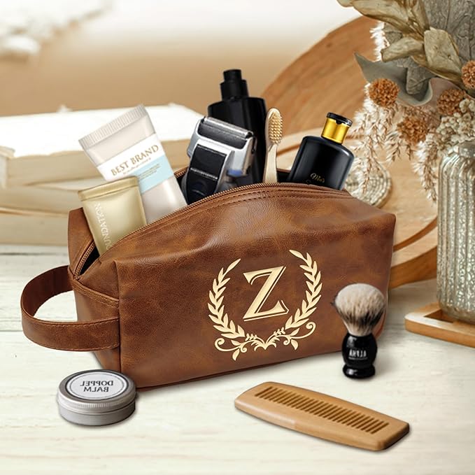 Personalized Travel Toiletry Bag Engraved Letter Leather Kit, Shaving Bag for Toiletries Accessories, Gifts for Men - DarkBrown(Z)