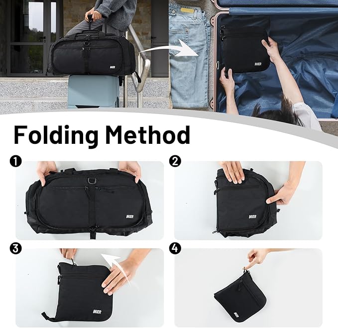 MIER Foldable Duffle Bag with Shoe Compartment 50L Travel Duffel Bags for Men Women Packable Overnight Bag for Camping Gym Weekender, Black