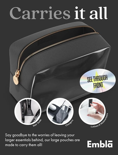 Embla Clear Cosmetic Bag Makeup Case, Clear Zipper Make Up Pouch and Toiletry Travel Tote, Cute Skincare Pouches for Women Girls, Preppy Purse Cosmetic Organizer, Large Makeup Bags, Black