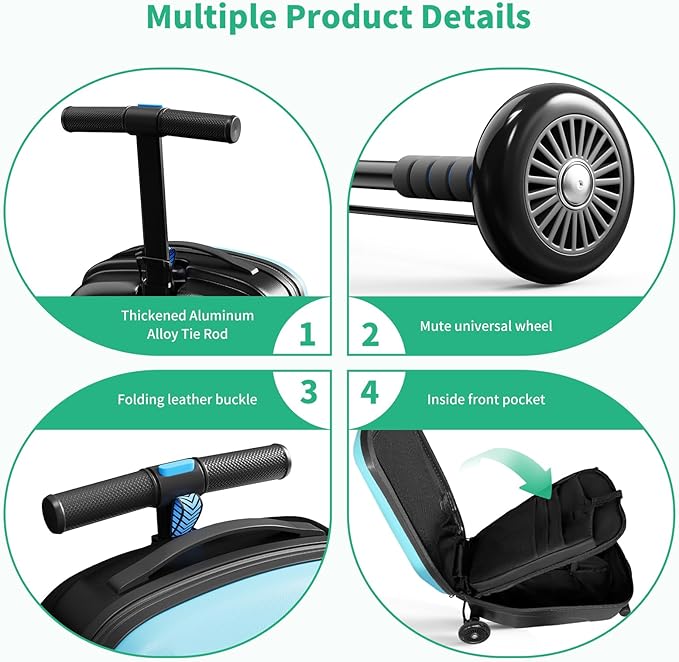 Scooter Hardshell Kids' Luggage, Foldable Carry on Kids Suitcase with Telescopic Handle for Travel, Multifunctional Ride On Lightweight Luggage with Wheels, Light Blue