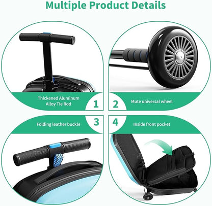 Scooter Hardshell Kids' Luggage, Foldable Carry on Kids Suitcase with Telescopic Handle for Travel, Multifunctional Ride On Lightweight Luggage with Wheels, Light Blue