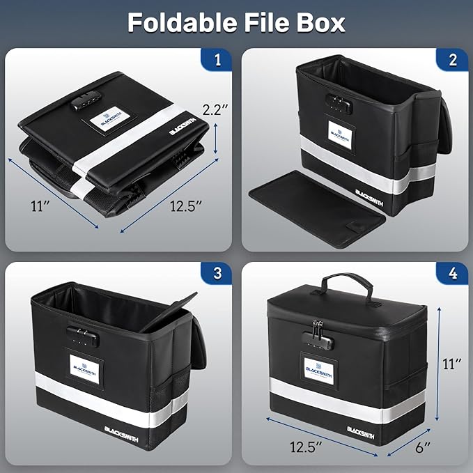 BlackSmith Fireproof Document Box With Lock, 4200°F Heat Resistant & IPX3 Waterproof Document Bag with Hanging File Organizer for Letter Size, Collapsible Portable File Safe Box for Office, Travel