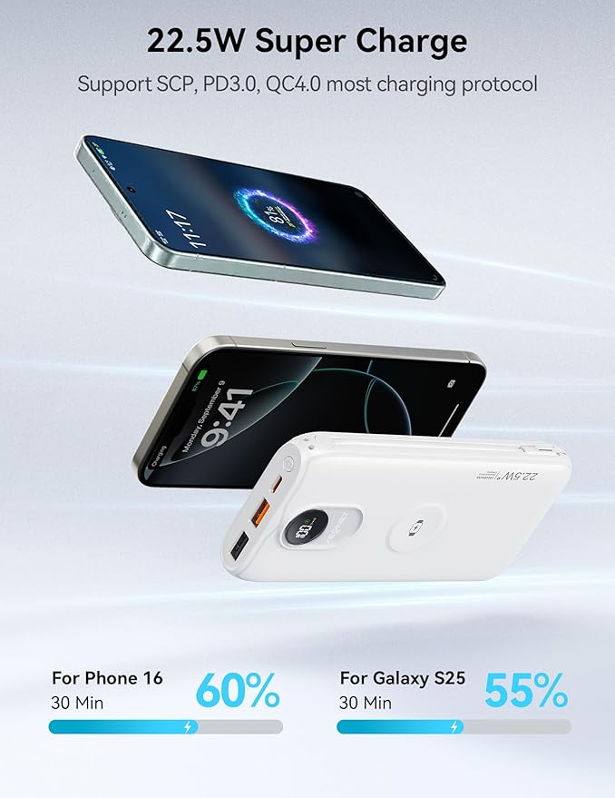 Portable Charger, 10000mAh 22.5W Fast Charging Power Bank with Built in Cable & Wall Plug, Travel Essential Battery Pack with LED Display, External Charger for iPhone, iWatch 11/10/9/8/Ultra/SE White