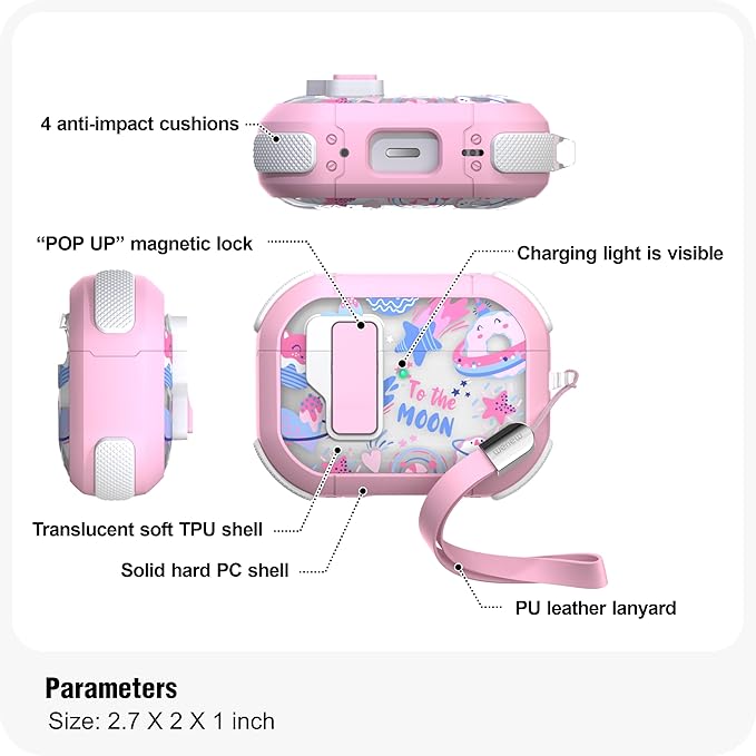 WENEW Case for AirPods Pro & Pro 2 Case Cover Secure Lock Snap Switch Clip Cleaner Kit Lanyard Women Stylish Universe Moon Full Body Hard Shell Front LED Visible (Pink Universe, AirPods Pro & Pro 2)