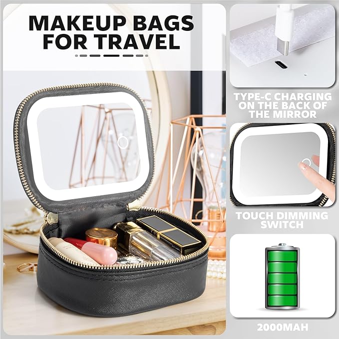 Small Makeup Bag with Led Mirror, Mini Travel Make up Bag 3 Light Modes Adjustable Brightness, for Women Organizer Cosmetic Bag, Portable Travel Train Toiletry Bag, for Pool Parties Work Touch-Ups