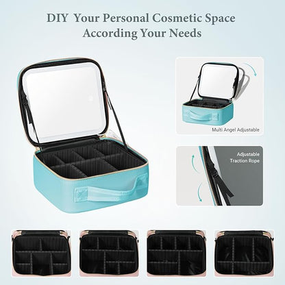 Travel Makeup Bag with LED Lighted Mirror, Cosmetic Makeup Organizer Bag with 3 Color Setting, Makeup Train Case with Adjustable Dividers for Women Makeup Brushes Jewelry Accessories