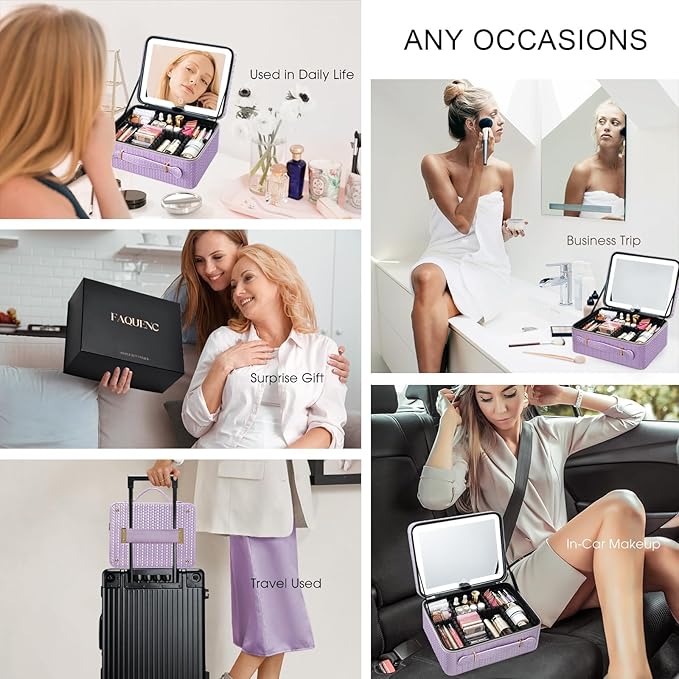 Leather Makeup Case with LED Lighted Mirror 11.4 Inch Travel Makeup Bag Adjustable Brightness in 3 Colors Cosmetic Organizer Artist Storage Bag with Dividers Brush Holder Bag Vanity Shiny Purple