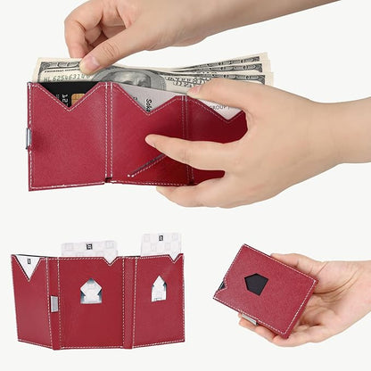 Men's Wallet, Genuine Leather RFID Blocking Slim Money Clip Wallet Minimalist Front Pocket Tri-Fold Money Clip Credit Card Holder with Present Box Red