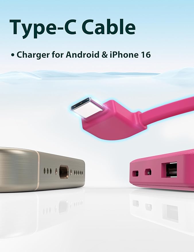 miisso 6000mah Ultra Slim Built in Cables Power Bank, Card Size Built in USB C Cords Battery Pack Portable Charger for Phones, 3 Output External Battery Pack Compatible with iPhone, Plum Red