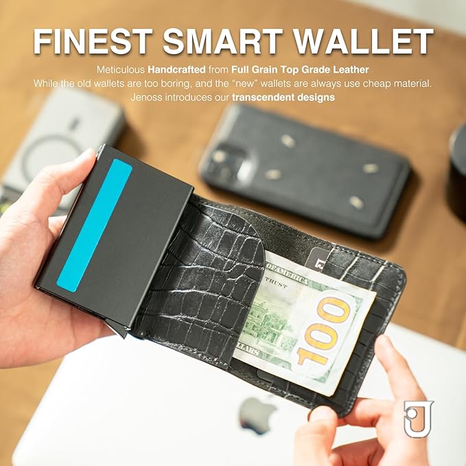 Jenoss Smart Wallet For Men: Full Grain Leather, Handcrafted, Slide Metal Pop Up Case, Slim RFID Blocking Credit Card Holder, Minimalist Compact, 6-8 Cards Organizers, Front Pocket, Money Clip (Black)