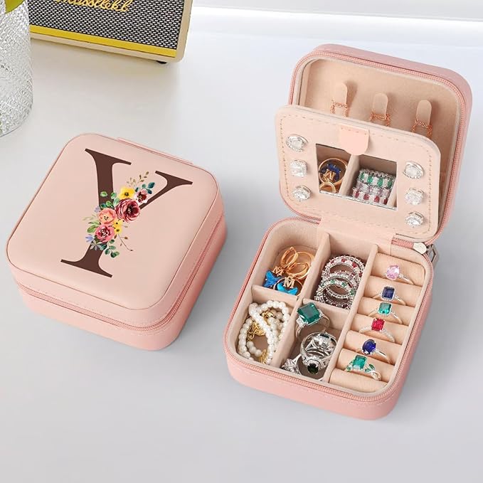 Parima Pink Jewelry Box - Personalized Gift, Travel Jewelry Case, Y Style, 4x4x2 Inch, Zipper, 4 Compartments, Ring, Earring, Necklace Storage