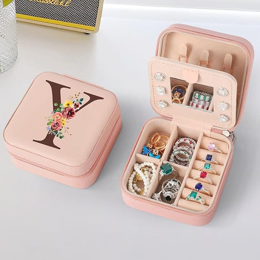 Parima Pink Jewelry Box - Personalized Gift, Travel Jewelry Case, Y Style, 4x4x2 Inch, Zipper, 4 Compartments, Ring, Earring, Necklace Storage