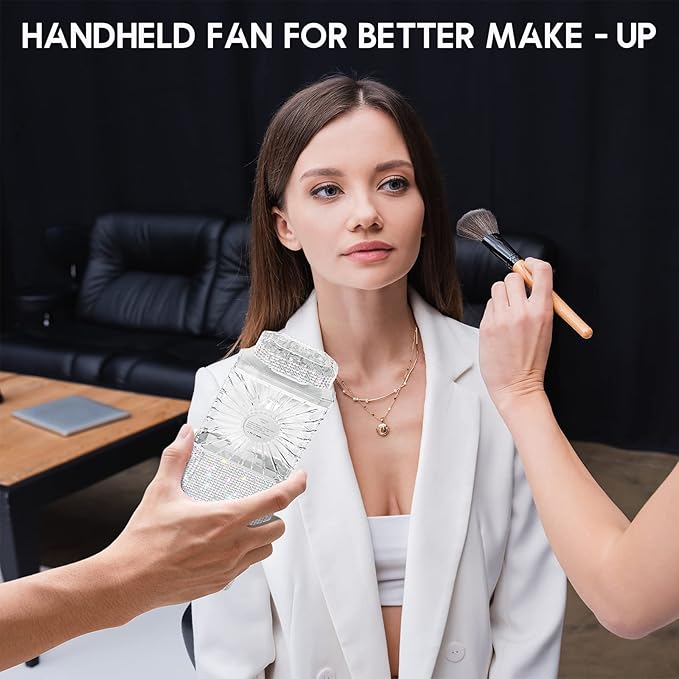 LIGHTDESIRE DIY Bling Crystal Rhinestones Handheld Mini Personal Cooling Fan, 3 Speeds Mode with Crystal Rhinestones Sticker Sheet (White Fan with DIY Diamonds)