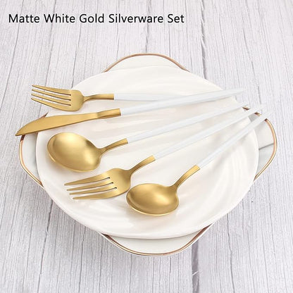 Matte White Gold Silverware Set, 40-Piece Stainless Steel Flatware Set, Satin Finish tableware Cutlery Set, Service for 8, Home and Restaurant, Dishwasher Safe