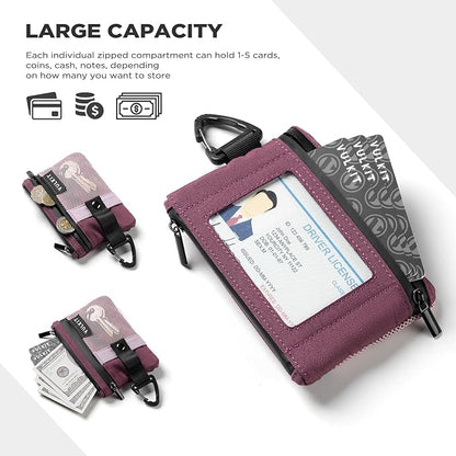 VULKIT Small RFID Wallet for Women & Men – Minimalist Zipper Wallet with ID Window, Keychain & Carabiner, Holds 15 Cards, Water Resistant Travel Lanyard Wallet Wine Pink