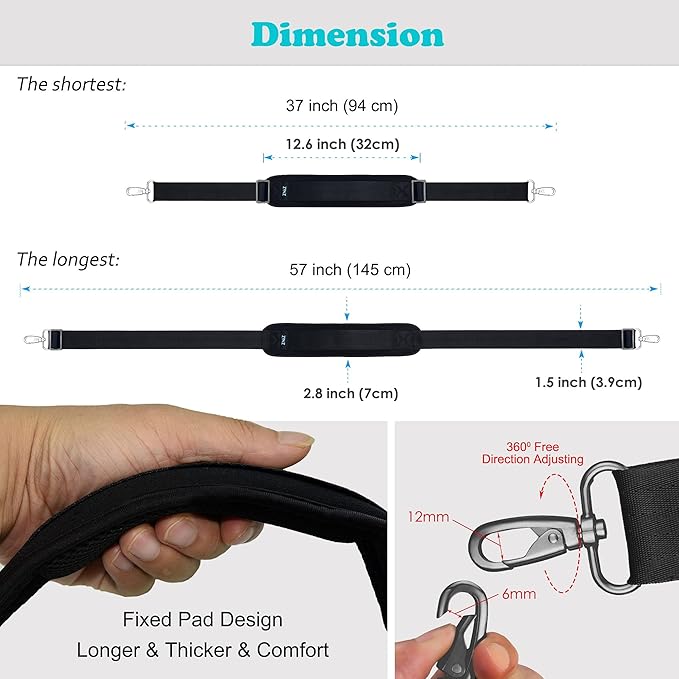 Shoulder Strap, ZINZ 57" Padded Adjustable Shoulder Bag Straps Replacement for Bags with D-Ring (B02K01)