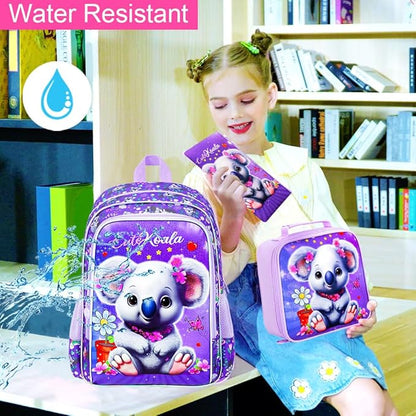 WZLVO 3PCS Backpack for Girls, 16" Kids Koala Preschool Bookbag with Lunch Box，Cute Animal Water Resistant School Backpacks Set for Elementary Kindergarten
