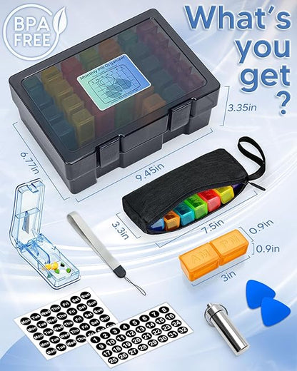 Monthly Pill Organizer 2 Times a Day, FRIWOLE Medicine Box with Portable Weekly Pill Bag, Keychain Pill Case, Pill Cutter and 2 Sticker (Black, 2 Times a Day)